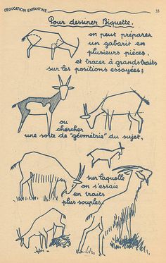 an old book with some drawings on the pages, including goats and sheep in blue ink