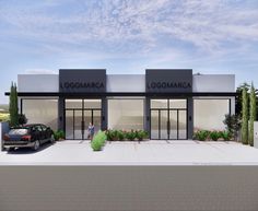 an artist's rendering of the exterior of a building with cars parked in front