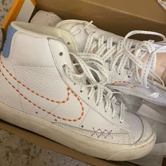 Worn Less Than 5x - Pretty Much Brand New Nike Custom Sneakers With Gum Sole For Spring, High-top Leather Skate Shoes With White Laces, Nike Skate Shoes With Gum Sole For Spring, Vintage White High-top Sneakers For Spring, Nike Blazers, Nike Blazer Mid 77, Nike Blazer Mid, Nike Blazers Mid, Blazer Mid