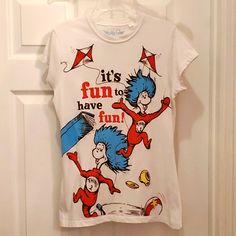 Nwot Mighty Fine Women's Large (Juniors) Dr. Seuss The Cat In The Hat Thing 1 & Thing 2 "It's Fun To Have Fun!" T-Shirt Blue Top With Funny Print, Fitted Playful T-shirt With Cartoon Print, Fun Fitted Tops With Character Print, Fitted Blue Tops With Funny Print, Fitted Blue Top With Funny Print, Casual Fitted Top For Fan Merchandise, Fitted Crew Neck Fun T-shirt, Fun Fitted Crew Neck Top, Fitted Tops With Funny Print