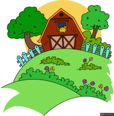 a farm scene with a barn and trees