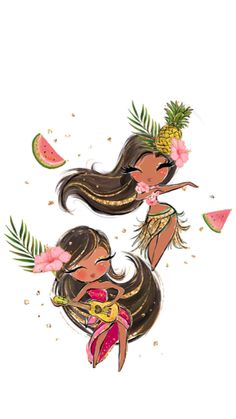 two girls with watermelon and pineapples on their heads