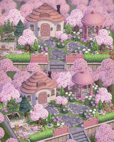 a painting of a pink house surrounded by trees and bushes with lots of flowers on the ground