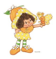 a girl with curly hair holding a teddy bear in her hand and wearing yellow dress