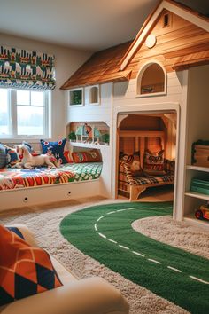 a child's bedroom with bunk beds and toys on the floor in front of it