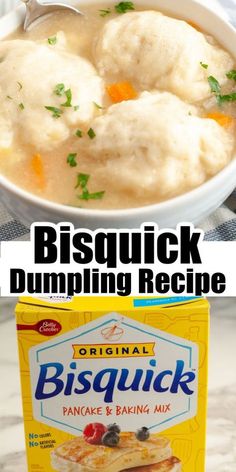 a bowl of bisquick dumpling recipe next to a box of bisquick