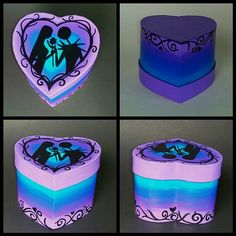 four images of the inside of a heart shaped box with an image of a man and woman on it