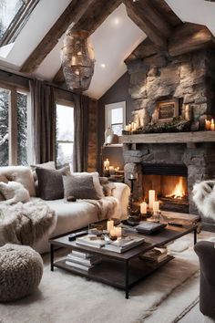 a living room filled with furniture and a fire place in front of a stone fireplace