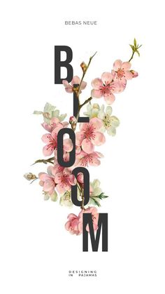 the words bloom are written in black and white letters with pink flowers on top of them