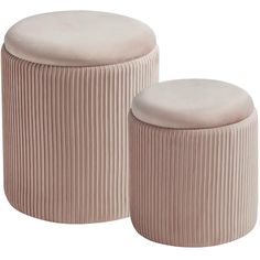 two round stools with pleated upholstered fabric on the top and bottom