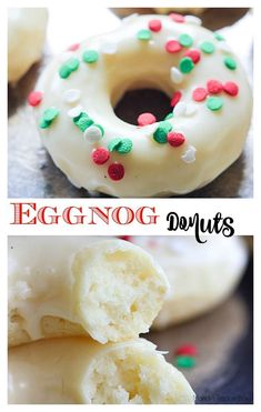 eggnog donuts with white frosting and sprinkles on them