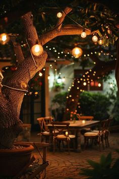 a tree with lights hanging from it's branches in the middle of a patio