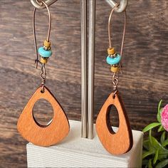 Unique Earrings This Is For 1 Pair Wooden Earrings Rounded Triangular Shape Open Center Long Hanging Boho Chic Long Dangling Earrings Colors: Tan, Turquoise Blue Size: Approximately 2 3/4” From The Top Of The Hoop To Bottom Wooden Earrings Rounded Triangular Open Center Long Hanging Boho Earrings Unique Fun Different Open Center Wooden Hanging Boho Earrings Sift Modern Flair Funky Wood Hanging Parties Vacations Photo Shoots Pictures Out With Friends Artisan Brown Teardrop Earrings, Bohemian Teardrop Earrings For Everyday, Bohemian Brown Pierced Hoop Earrings, Adjustable Brown Teardrop Jewelry, Bohemian Brown Teardrop Earrings For Pierced Ears, Adjustable Brown Drop Earrings, Brown Teardrop Jewelry For Everyday Wear, Brown Adjustable Drop Earrings, Bohemian Brown Teardrop Earrings