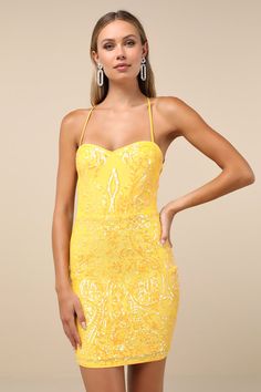 Shining Goddess Yellow Sequin Lace-Up Mini Dress Yellow Hoco Dress Short, Yellow Hoco Dress, Yellow Sequin Dress, Hoco Dress Short, Mini Dress Sequin, Yellow Homecoming Dresses, Glitter Outfit, Hoco Dress, Bodycon Skirt