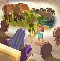 an animated scene with people watching cows in the background and onlookers looking at them