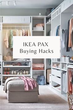 ikea pax bedding hacks in a closet with clothes hanging on shelves