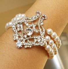 Art Deco Style Filigree Bridal Bracelet, Pearl Wedding Bracelet Cuff, Vintage Style Wedding Jewelry,  Ivory White Pearl Bracelet, ALESSANDRA Opulent Jewelry, Wedding Cuff Bracelet, Bracelet Tutorials, Bridal Bracelet Pearl, Pearl Bracelet Wedding, White Pearl Bracelet, Place Vendome, Bracelet Pearl, Fun Jewelry