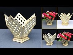 four different pictures of decorative vases with flowers in the middle and bottom, all made out of metal