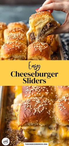 cheeseburger sliders on a baking sheet with text overlay