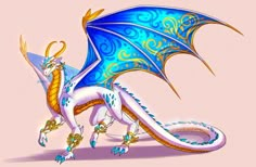 a blue and yellow dragon sitting on top of a pink surface