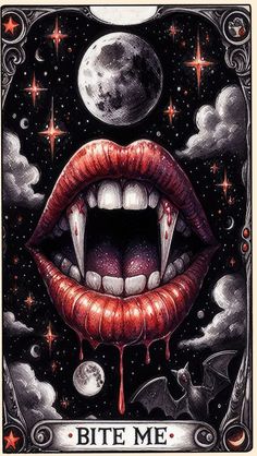 an image of a woman's mouth with blood dripping from it and the moon in the background