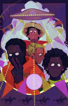 an illustration of three black men in front of a purple background with stars and lights