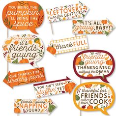 thanksgiving photo booth props with pumpkins and sayings on them for an autumn party