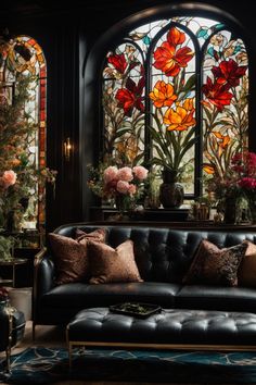 a living room filled with lots of furniture and windows covered in stained glass flowers on the wall