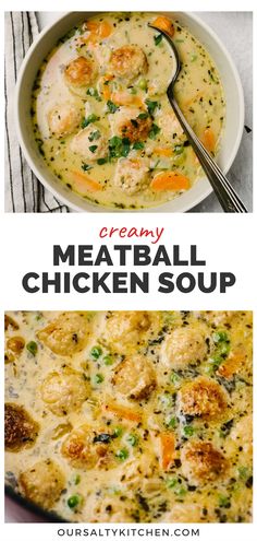 two pictures with different types of meatball soup in them and the words, creamy meatball chicken soup