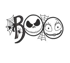 the word boo spelled out in black and white with two pumpkins on each side