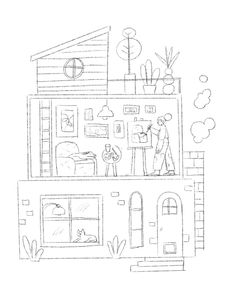 a black and white drawing of a house with two people standing in front of it