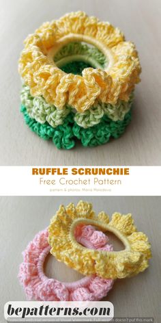 crocheted ruffle scrunchie is shown in three different colors