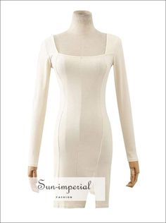 Women White Square Neck Long Sleeve Bodycon Ribbed Mini Dress with side Split Basic style Beige Long Sleeve Bodycon Dress, Fitted Beige Mini Dress For Winter, Beige Fitted Mini Dress For Winter, Winter Beige Fitted Mini Dress, Fitted Cream Mini Bodycon Dress, Fitted Cream Bodycon Mini Dress, Fitted Beige Mini Dress For Fall, Beige Fitted Mini Dress For Fall, Fitted Beige Bodycon Dress For Fall