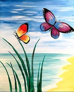 two butterflies flying over the ocean on a sunny day