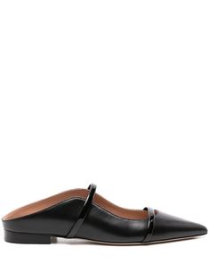 black calf leather double-strap design slip-on style pointed toe leather lining branded footbed low block heel Calf Leather Mules With Single Toe Strap, Calf Leather Closed Toe Mules With Heel Strap, Closed Toe Calf Leather Mules With Heel Strap, Designer Calf Leather Mules With Single Toe Strap, Classic Mules With Contrasting Heel Counter, Leather Mules With Sculpted Heel And Single Toe Strap, Classic Mules With Leather Lining And Single Toe Strap, Calf Leather Mules With Sculpted Low Heel, Classic Mules With Single Toe Strap And Leather Lining