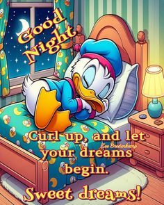 a cartoon character sleeping in bed with the caption good night gup and let your dreams begin sweet dreams