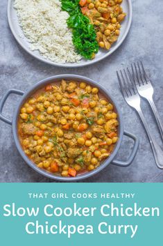 two bowls filled with chickpea curry and rice