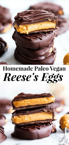 homemade paleo vegan reese's eggs are stacked on top of each other