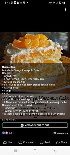 an orange cake is on a plate with the recipe below it, and there are other ingredients