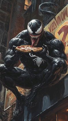 a painting of a man eating pizza in front of a building with a spider - man on it