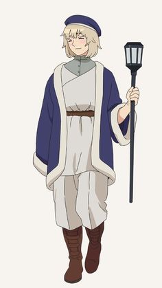 an anime character holding a lamp and wearing a blue outfit with white hair, standing in front of a white background