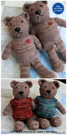 two knitted teddy bears sitting next to each other