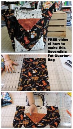 a woman is making a bag out of fabric and some other things to sew