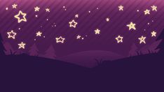 stars are flying in the night sky above trees and grass, with purple stripes behind them