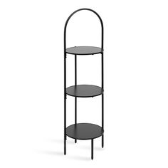 three tiered shelf with black metal frame and round glass top, on an isolated white background