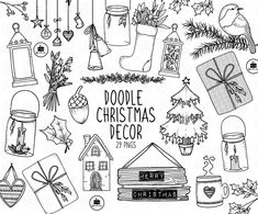 doodle christmas decor is shown in black and white