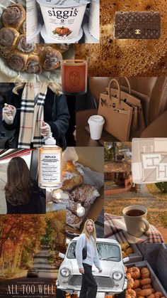 a collage of photos with coffee, food and other items