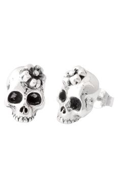 Sakura Skull Stud Earrings Gothic Sterling Silver Jewelry With Skull Print, Nickel Free Sterling Silver Skull Ring, Nickel-free Sterling Silver Skull Ring, Gothic Sterling Silver Skull Earrings, Silver Skull Earrings With Skull Print, Unique Skull-shaped Sterling Silver Jewelry, Handmade Sterling Silver Skull Jewelry, Skull Shaped Symbolic Jewelry Stamped 925, Nickel-free Sterling Silver Skull Jewelry