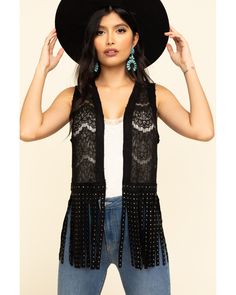 Vocal Women's Lace Studded Fringe Vest, Black Fringed Vest Outfit, Gal Outfits, Snazzy Outfits, Womens Western Tops, Country Glam, Country Gal, Boho Goth, Winter Shopping, Fringe Fashion