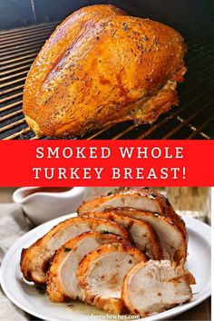 smoked whole turkey breast on the grill with text overlay